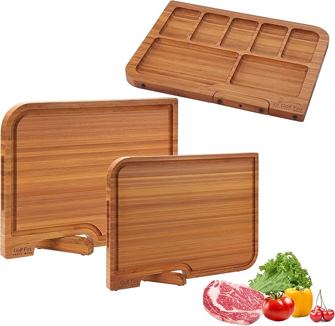 2-PCS Bamboo Cutting Board Set with Innovative Stand - Durable Double Sided Chopping Board with Juice Groove & Handle for Meal Prep, Meat, Fruit, Charcuterie Serving, Eco-Friendly Healthy Kitchen Gift