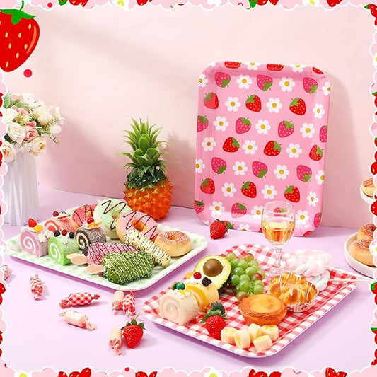 Tioncy 3 Pcs Strawberry Birthday Party Plates Pink Plastic Serving Tray for Summer Berry First Birthday Decoration, 13 x 10 Inch