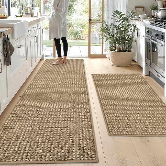 Kitchen Rugs,Non Slip Kitchen Mats for Floor-Thick Stain Resistant Kitchen Floor Mat Runner Carpet for Hallways Entryway Laundry Room Washable(24"x35"+24"x71",Brown)