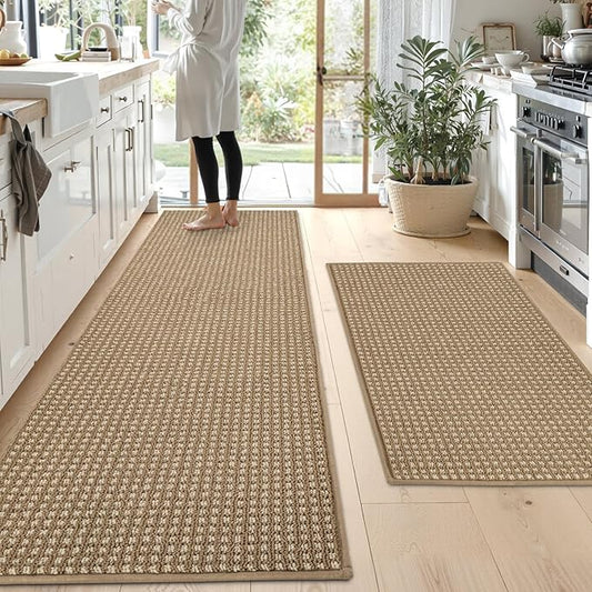 Kitchen Rugs,Non Slip Kitchen Mats for Floor-Thick Stain Resistant Kitchen Floor Mat Runner Carpet for Hallways Entryway Laundry Room Washable(24"x35"+24"x71",Brown)