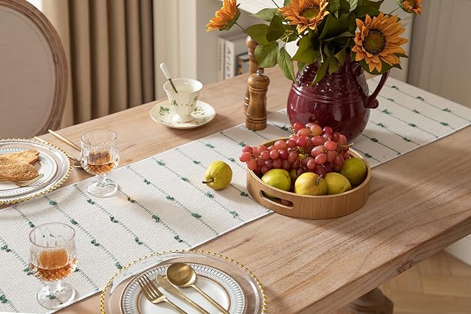 Caflife Boho Table Runner 90 Inchs Long for Modern Farmhouse Room Home Decor, Green and Beige Coffee Table Runner, Natural Cotton Woven with Tassels Neutral, for Kitchen Dining Table Decor