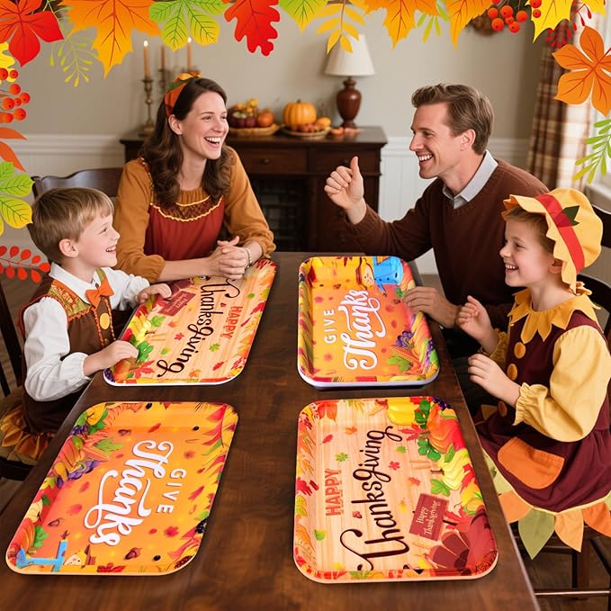 Vesici 4 Pack Thanksgiving Melamine Serving Trays, 13 x 10 Inch Rectangular Autumn Platters with Turkey & Harvest Designs, Durable Serving Plates for Holiday Buffet, Friendsgiving, Snacks & Appetizers
