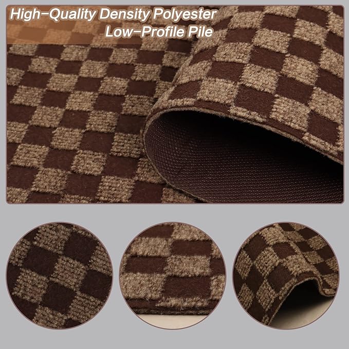 2' x 74' Runner Rugs with Rubber Backing, Indoor Outdoor Utility Carpet Runner Rugs, Checkered Brown, Can Be Used as Aisle for The RV and Boat, Laundry Room and Balcony