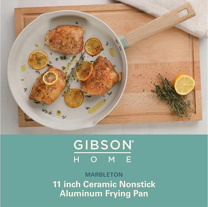 Gibson Home Marbleton 11 Inch Large Aluminum Fry Pan Cookware Non-Toxic Premium Ceramic Non Stick Frying Pan, Kitchen Egg Pan, Omelet Pan, Always Pan, Pots and Pans, Sage Green, Induction Safe