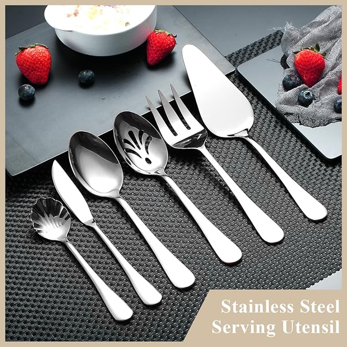 Berglander Silverware Serving Set 6 Pieces, Stainless Steel Serving Spoons Set, Flatware Serving Set, Serving Utensils Set Easy to Clean and Dishwasher Safe