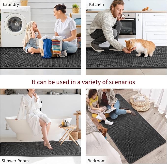 Kitchen Mats for Floor, Super Absorbent Kitchen Rugs Non Slip Washable, Soft Imitation Linen Braided Kitchen Runner Rug, Standing Mat Kitchens Sink Mat, Easy to Clean, Black 17x95