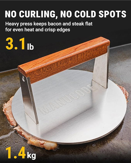 Manucode Smash Burger Press 8 Inch, 3.1 Lb Burger Smasher, Heatable for Searing Panini, Steak, Chicken, Salmon, Stainless Steel Bacon Press, Flat Bottom, Seasoning Free, Wooden Handle No Spin