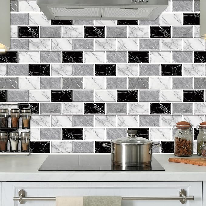 URCOLOR 10-Sheet Back Splashes for Kitchens Peel and Stick,12"x12" Self Adhesive Stick on Backsplash for Bathroom Black White Grey Marble Look