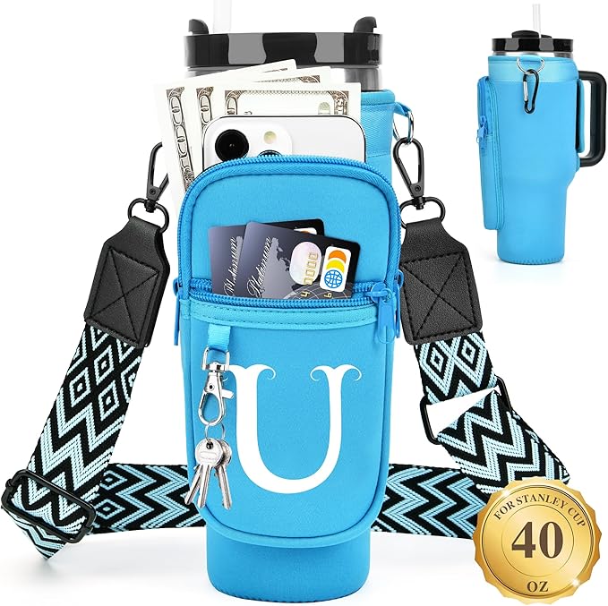 LOKASS Personalized Water Bottle Holder with Strap for Stanley Cup Accessories 40 oz Tumbler, Initial Water Bottle Carrier Bag/Phone Pocket, Mother's Day/Birthday Gifts for Women/Girls
