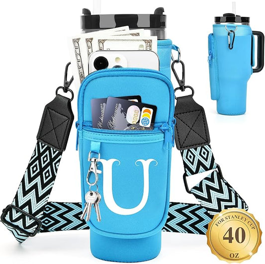 LOKASS Personalized Water Bottle Holder with Strap for Stanley Cup Accessories 40 oz Tumbler, Initial Water Bottle Carrier Bag/Phone Pocket, Mother's Day/Birthday Gifts for Women/Girls