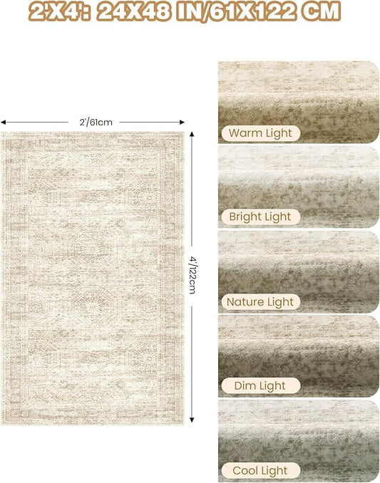 2x4 Washable Rug Runner for Bathroom, Soft Entryway Rug for Laundry Room, Kitchen, Vintage Abstract Hallway Runner for Bedroom, Anti-Slip Door Mat Indoor Entrance(2'x4', Beige/Ivory)