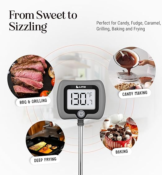 Digital Candy Thermometer with Pot Clip, 10" Long Stainless Steel Probe, Instant Read Kitchen Thermometer for Cooking, Baking, and Candy Making (Grey)