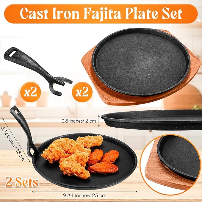 Mimorou 2 Sets Cast Iron Fajita Plate Set 9.84'' Steak Plate Sizzling Pan with Wooden Base and Gripper for Home Restaurant Kitchen Catering Cooking for Grilling Meats Seafood