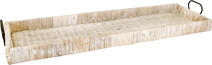 Creative Co-Op Oversize Decorative Rattan Tray with Metal Handles, Tan, Whitewashed