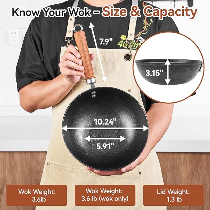 VIVIDCOOKWARE 10.2 Inch Cast Iron Wok with Glass Lid, Pre-Seasoned Flat Bottom Wok for Stir-Fry & Saute, Uncoated Iron Wok Pan for Electric, Gas & Induction Cooktops