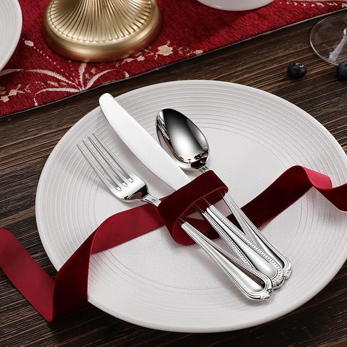 KEAWELL Pearl Edge 4-Piece Premium Dinner Knives: Stainless Steel Table Knives with a Refined Bead Design, Brightly Polished, 9.6 Inches, Dishwasher Safe. (Silver)