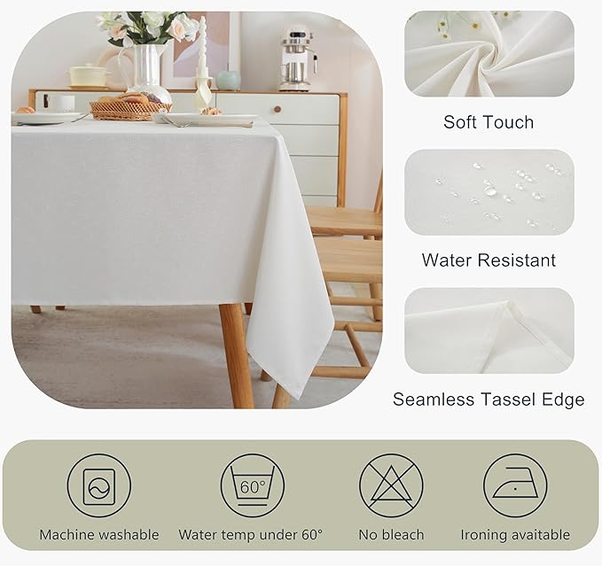 Alsoo Textured Table Cloth for Rectangle Tables 60×90 Inch Waterproof Linen Tablecloth Spill Proof and Wrinkle Free Table Cover for Dining Tables,Farmhouse Kitchen, Parties and Holidays,White