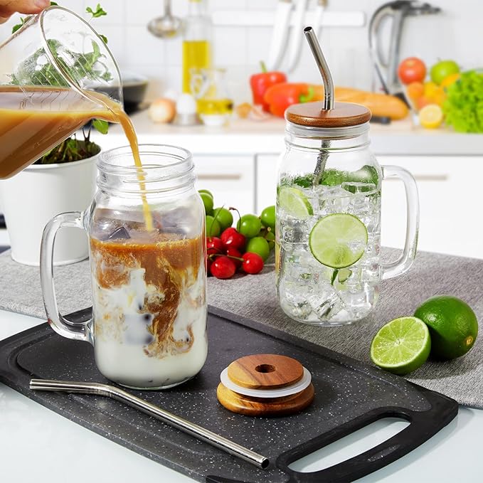 DRASTAR Glass Cups for Iced Coffee, 24oz Mason Jar with Lid and Straw, Mason Jar Coffee Cup, Mason Jars with Handle Drinking Glasses Set of 2