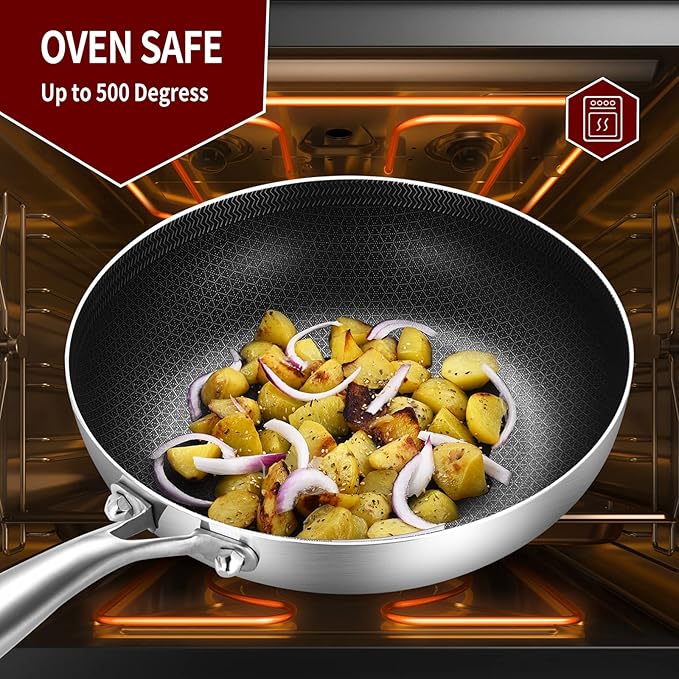 LOLYKITCH 8.5 Inch Tri-ply Hybrid Stainless Steel Non-Stick Sauté Pan with Lid,Skillet,Induction Frying Pan,Skillet,Dishwasher and Oven Safe,Riveted Handle.