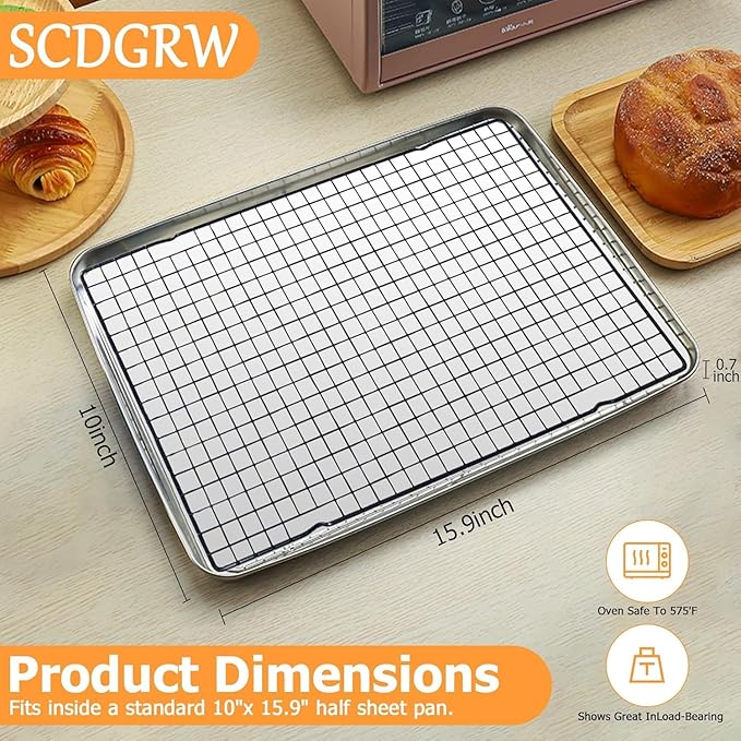 Cooling Rack Set of 1, 10" x 16" No Warp Heavy Duty Stainless Steel Baking Rack - Fits Half Sheet Pan, Oven Safe 575°F,for Baking, Roasting & Dehydrating, Dishwasher Safe