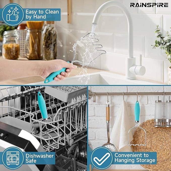 Rainspire Potato Masher Stainless Steel, Mashed Potato Masher Kitchen Tool, Durable Mash Potatoes Masher, Soft Non-slip Handle, Kitchen Utensils, Kitchen Gadgets (Blue)