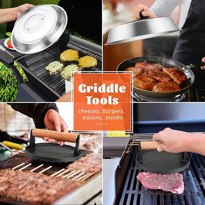 12In Cheese Melting Dome & 7In Cast Iron Grill Press, HaSteeL Stainless Steel Basting Cover with Heavy Duty Burger Bacon Press, Griddle Accessories for Teppanyaki Flat Top Stovetop Indoor & Outdoor