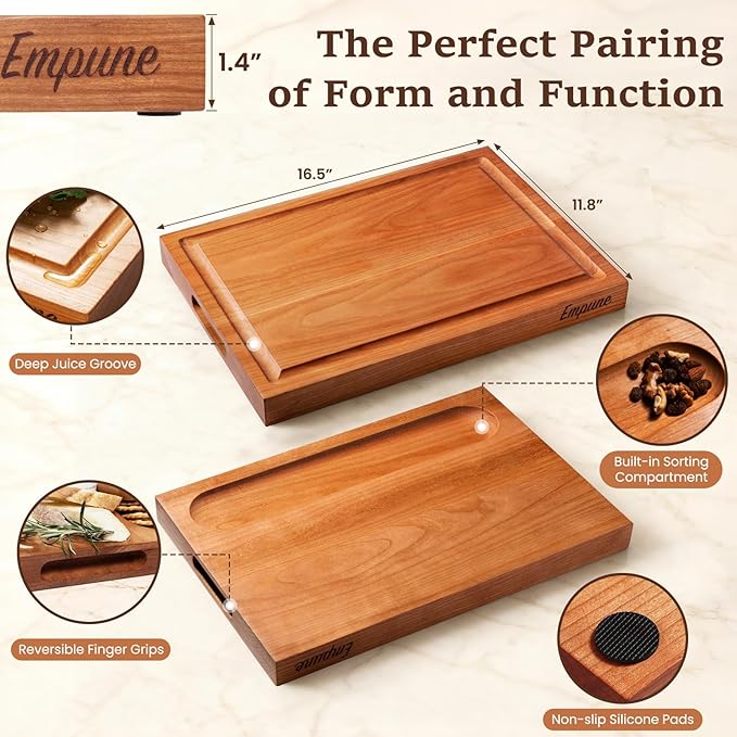 Empune Cherry Wood Cutting Boards for Kitchen Wooden Cutting Board with Handle, Chopping Board with Built-in Juice Groove & Well, Heavy-duty Charcuterie Board Butcher Block, 16.5x11.8x1.4 Inches