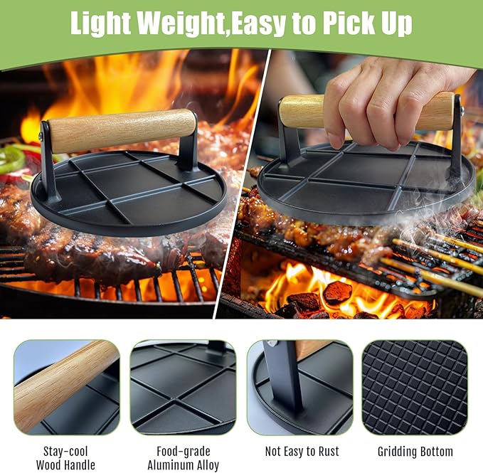 Burger Press,Smash Burger Press for Griddle with Wood Handle,Burger Smasher for Grill, Steak Bacon Smasher for Camping (Round)