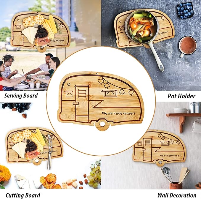 Camper Bamboo Cutting Board Set for RV Kitchen Accessories 2 Pieces, RV Wood Chopping Board Set with Juice Grooves, Hang Hole,for Meat Vegetables & Cheese,Camping Gifts RV Decor Camping Decorations