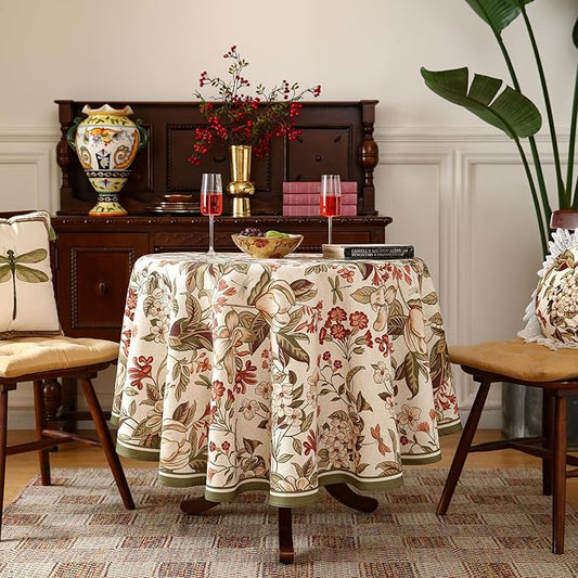 ISAENNE Designer Bohemian Linen Round Table Cloth,Colorful Floral Pattern Tablecloth,Wrinkle Resistant Decorative Tablecloths for Dining Thanksgiving Kitchen Party,Diameter 67"-Grace A