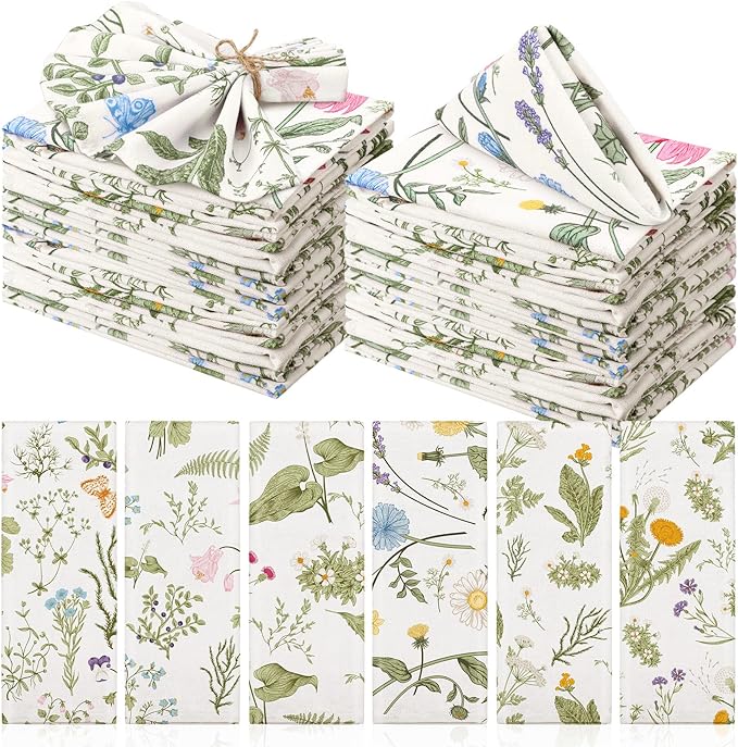 36 Pcs Herbs and Wild Flowers Cloth Napkins Floral Plants Reusable Napkins Country French Toile Dinner Soft Absorbent for Summer Holiday Party