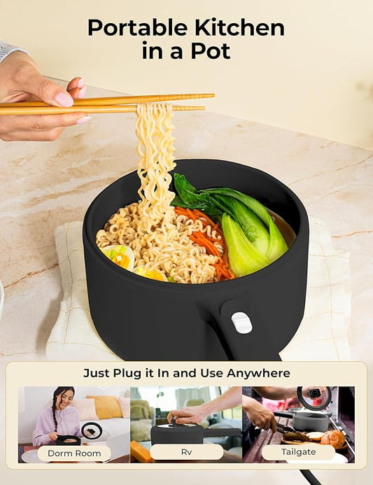 PRO Electric Hot Pot with Lid and Steamer, 1.5L Non Toxic Ceramic Cooker Skillet for Ramen, Eggs, Pasta Portable and Compact for Dorms, Camping, RVs, Work, Adjustable Temperature