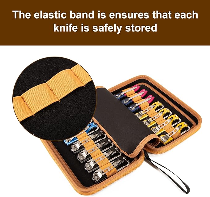HERSENT Pocket Knife Display Case,Knife Storage Organizer,14 Slots Folding Knife Storage Case,Small Knife Collection Carrier Bag for Survival Tactical Outdoor EDC Mini Knife (Black+Brown)