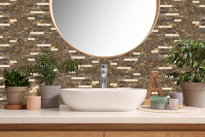 Yipscazo 10 Sheets Peel and Stick Stone Metal Backsplash, PVC Wall Tiles Stick on Tiles for Backsplash Kitchen, Bathroom, Fireplace (6'' X 12'', Rustic)