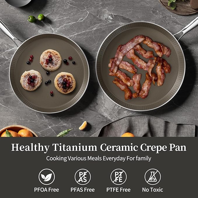 10 Inch Stainless Steel Crepe Pan - Titanium Ceramic Nonstick Crepe Pan, Stainless Steel Pancake Pan, Non Stick Flat Skillet Tawa Dosa Tortilla Griddle Pan, Induction Compatible, PFOA&PFAS Free