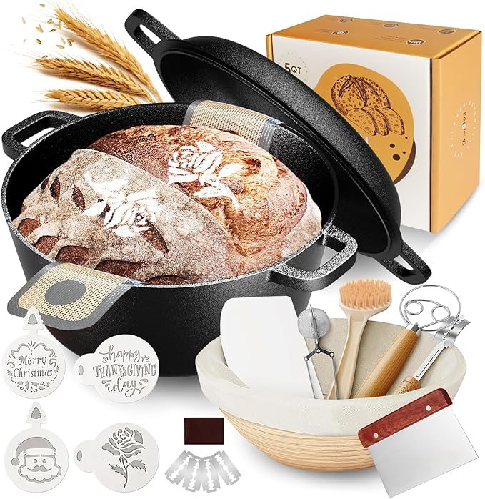 Slow Slog Cast Iron Dutch Oven for Bread Baking, 5QT Cast Iron Bread Pan with Lid, Sourdough Baking Supplies Tools like Banneton Proofing Basket, Bread Dutch Oven