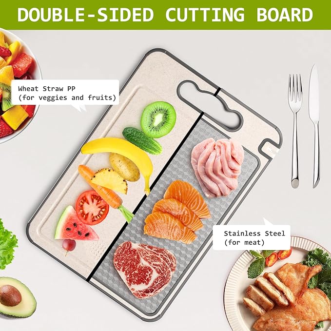 NTIERA 3-in-1 Stainless Steel Cutting Board for Kitchen, Double Sided,Non Toxic Cutting Board,Scratch-Resistant Mesh Design with Juice Groove,Easy Clean,Wheat Straw PP Large Chopping Board 15''*10''