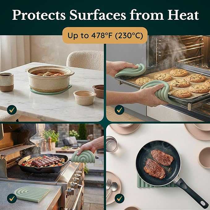 Silicone Trivets for Hot Dishes, Heat-Resistant, Non-Slip Pot Holders for Kitchen & Coasters Durable Hot Pads for Pots, Pans, Baking Dishes & Kitchen Appliances Set of 2 Willow Green