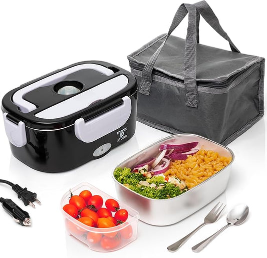 Moss & Stone Electric Lunch Box Food Heater for Adults Black & White Food Warmer Lunch Box, 12/24/110v Lunch Box Warmer Portable For Work/Car/Truck, Fork & Spoon & 1.5L Removable S.S Container