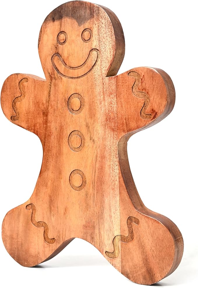 Treen Art Wood Cutting Board for Kitchen Christmas Ginger Bread Shaped Wooden Cutting Board with Grooves, Decorative cutting board for Cheese & Charcuterie Serving Platter 13.5"L x 10.75"W