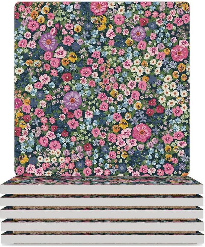 Floral Drink Coasters, Square Ceramic Drink Coaster Square-6PCS, Cartoon Abstract Wildflower Nature Plant Colorful Floral Decor Absorbent Ceramic Coasters for Beverage Cup, Bar, Coffee Table