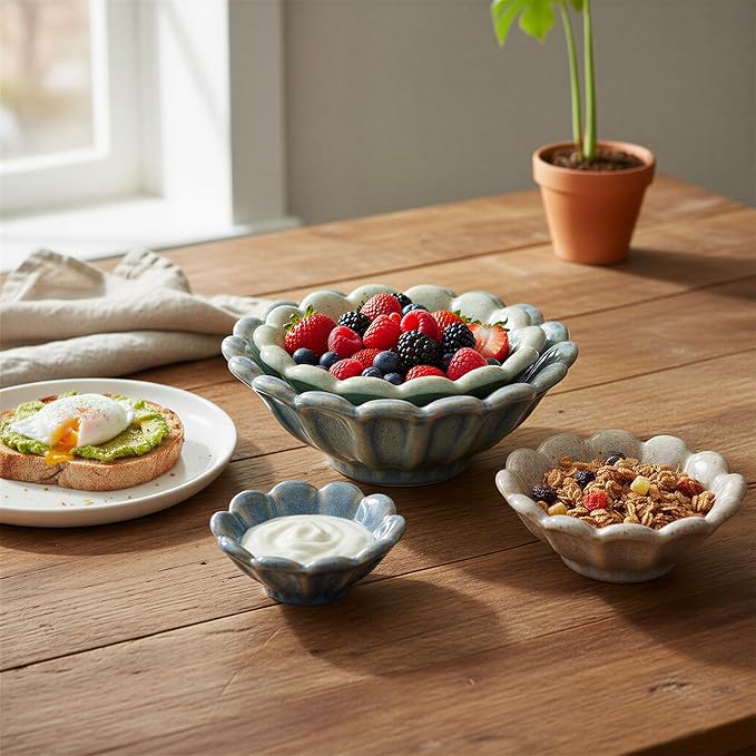Creative Co-Op 4-Piece Stoneware Flower Shaped Bowl Set in Reactive Glaze, Multicolor