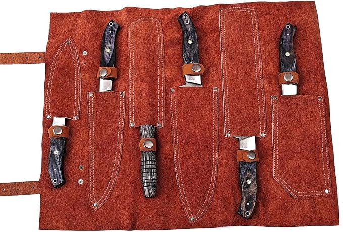 Custom Made Damascus Steel #6 Pcs of Professional Utility Kitchen knives Set Comes with Sweet Leather Roll Kit (3712) (Black Pakkawood)