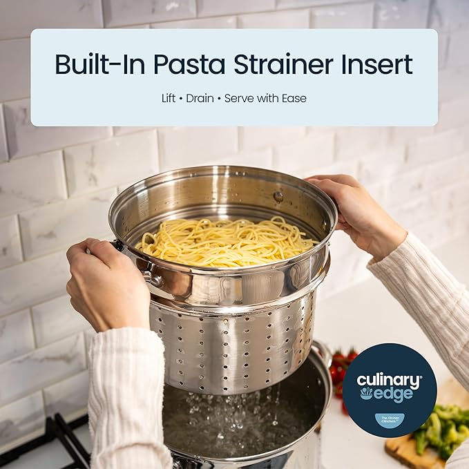 Culinary Edge Stainless Steel 8-Quart Nonstick 4-Piece Multi-Cooker with Steamer and Pasta Pot Cookware Set
