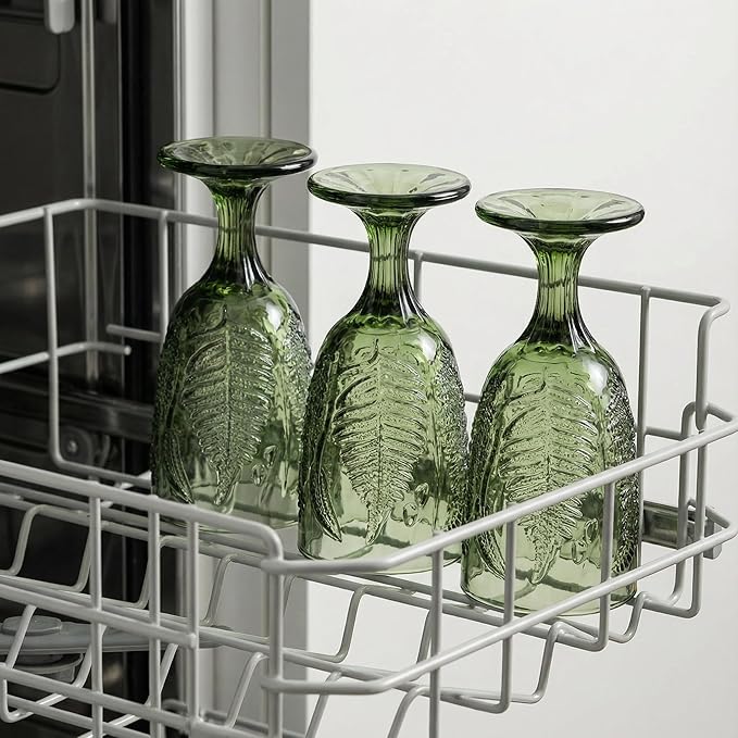 Green Glass Goblets Set of 4, 10 oz Stemmed Wine Glasses, Hand-Pressed Vintage Glassware, Fern Embossed Colored Stemware, Boho Aesthetic Textured Drinkware, Retro Home Decor Gift Set for Housewarming