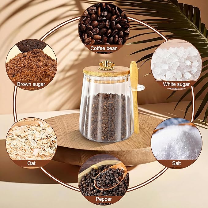 Sugar Jar with Lid and Spoon,24oz Large Glass Spice Jars for Coffee Bar Decor Accessories Food Storage Containers Home Essentials