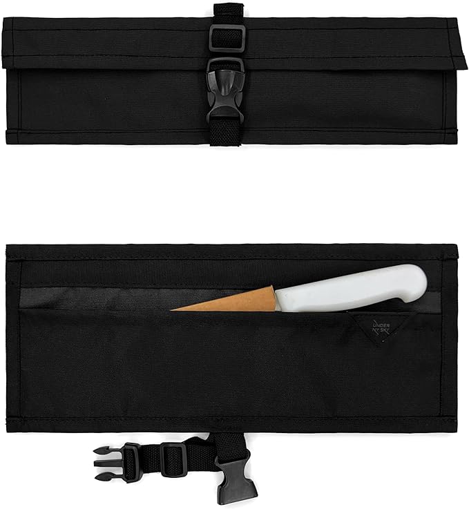 Under NY Sky Knife Roll Case - 1 Slot - Heavy Duty Oxford Canvas Pouch - Leather Reinforced - Portable Bag for Cooking Tools, Utensils, Cutlery Knives, Brushes - Chefs, Kitchen, Travel, Gift - Black
