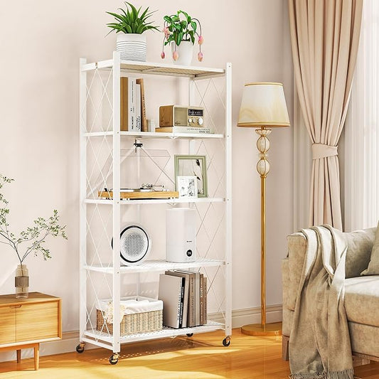 5-Tier Folding Metal Storage Rack - 63" Heavy-Duty Steel Frame with Wheels, No Assembly Utility Organizer, Rolling Shelving Unit for Kitchen, Garage, Pantry, Bedroom (White, 5 Tier)