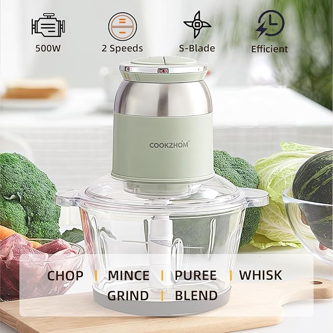 COOKZHOM Green Food Processor,500W Electric Meat Grinder with 8 Cup Glass Bowl and 4 Sharp Blades, Food Chopper & Vegetable Chopper for home use,Meat Processor, Vegetables, Fruits and Nuts
