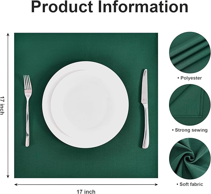 Wolkemer Set of 4 Hunter Green Cloth Napkins 17 x 17 Inches Solid Washable Polyester Dinner Napkins with Hemmed Edges for Dinners Parties Weddings Banquets Events Table Decoration